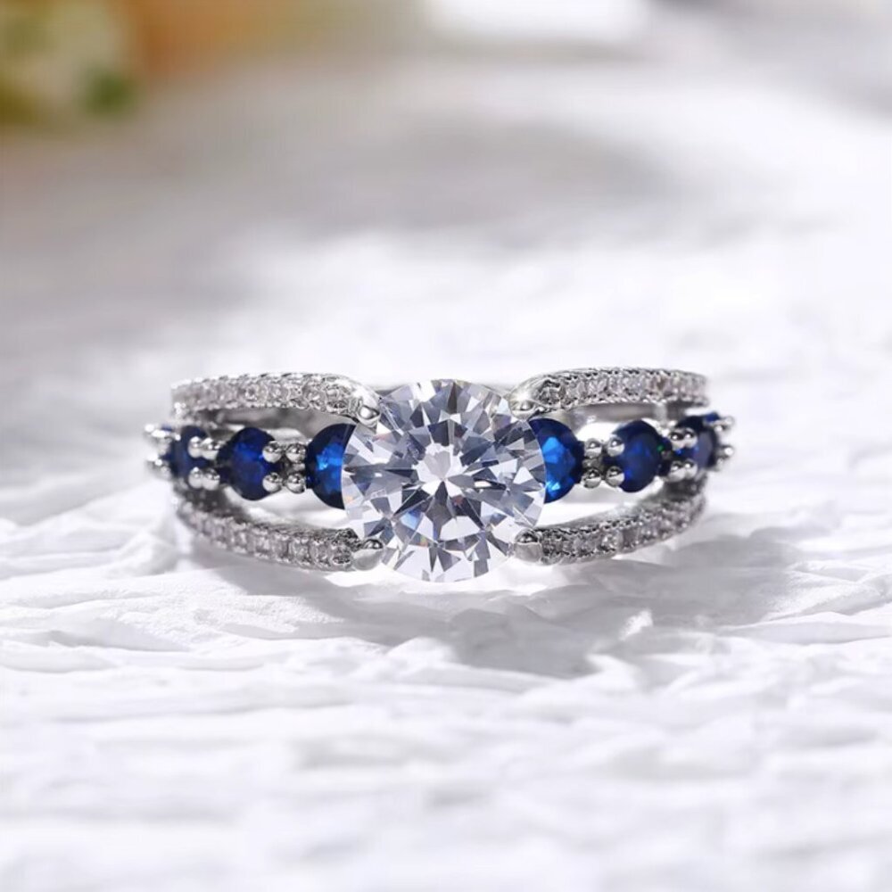 NEW 14k White Gold Blue Sapphire Diamond Ring Oval Cut Ring